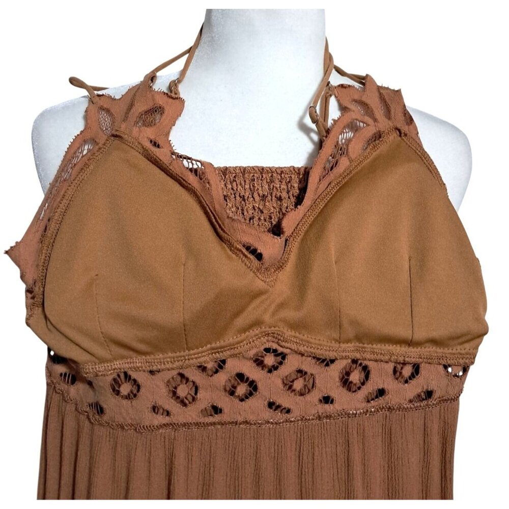 Y2K Justify L Rust Brown Leaf Lace Fairycore Boho Ruffle Mini Sundress Back - Picture 11 of 11